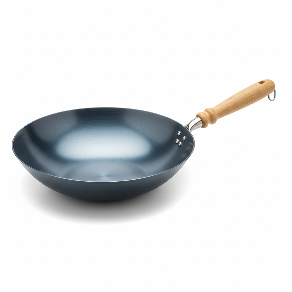 Carbon steel wok with wooden handle