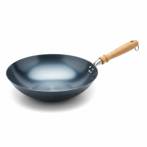Carbon steel wok with wooden handle