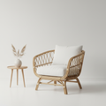 Woven rattan accent chair with white cushion