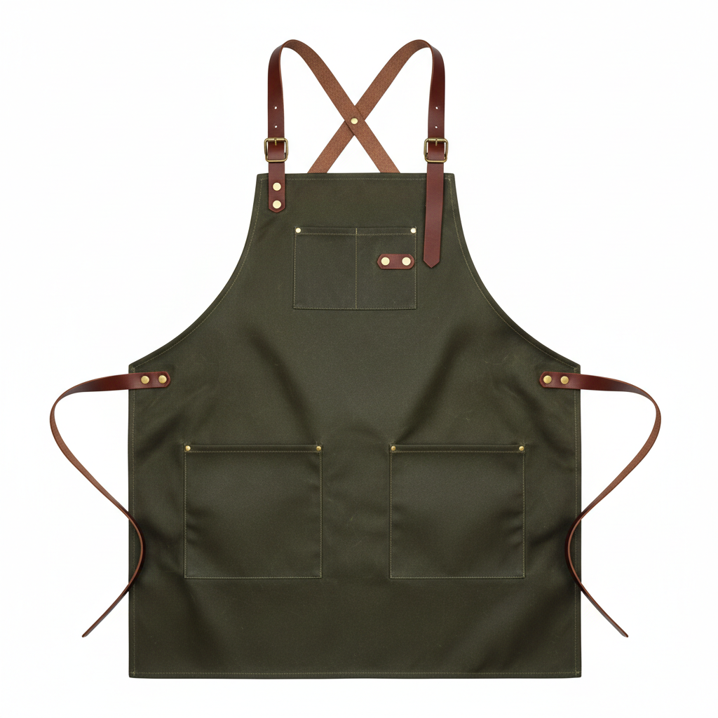Waxed canvas fry cook apron in dark olive green with leather straps