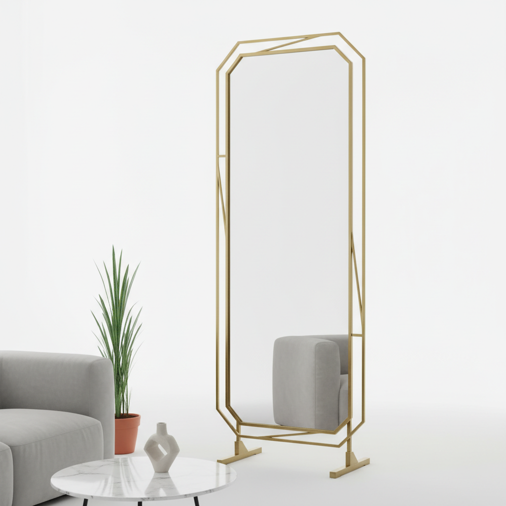 Geometric brass standing floor mirror