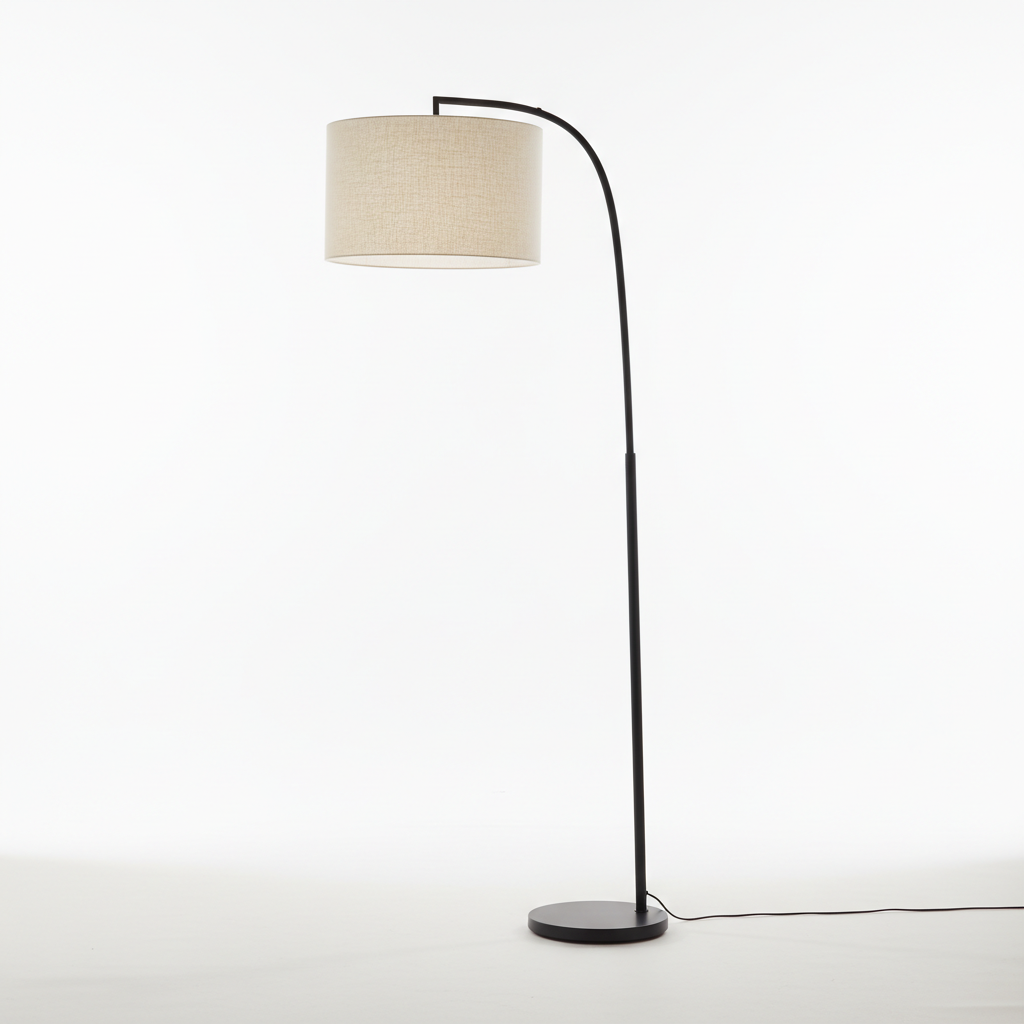 Arc floor lamp with linen shade and matte black stem