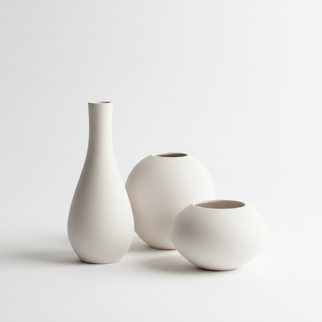 Set of three matte white ceramic vases in varying heights
