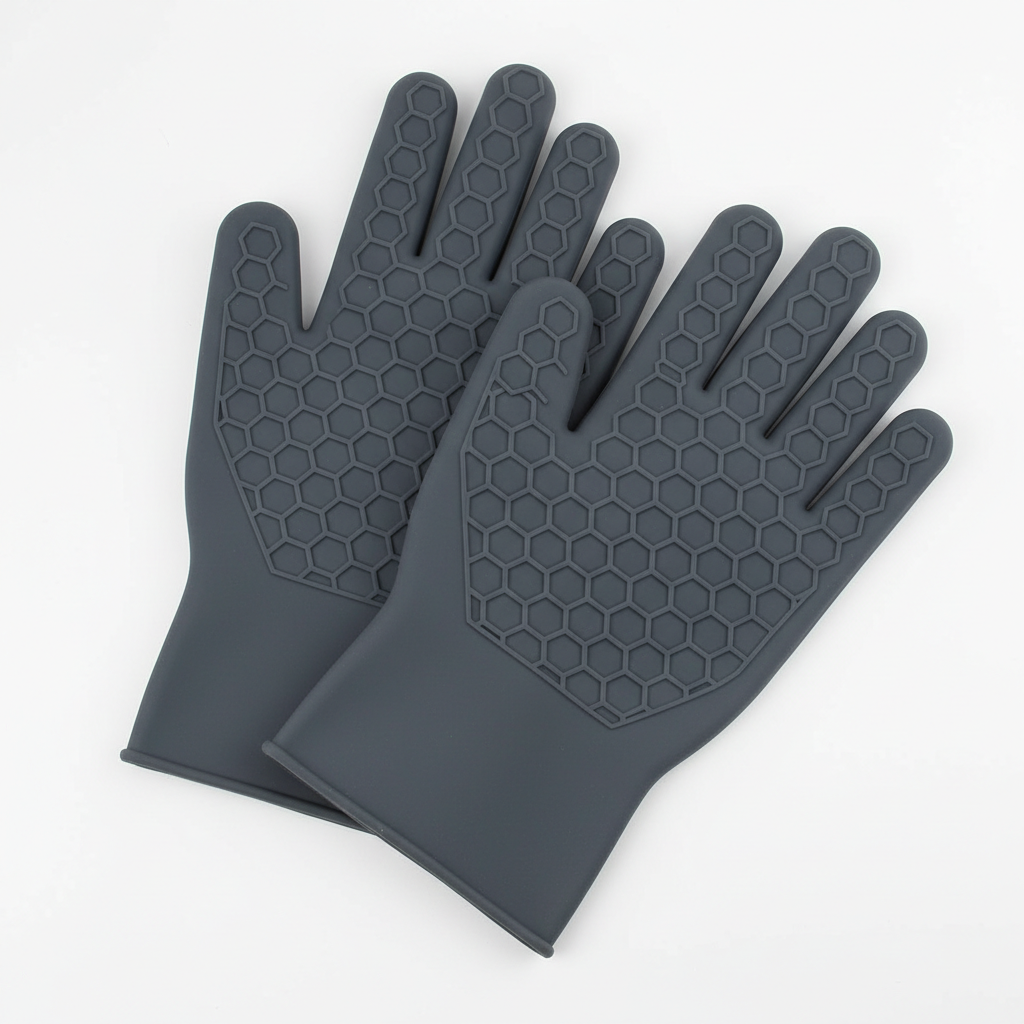 Heat-resistant silicone cooking gloves in dark gray with textured grip