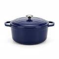 Enameled cast iron dutch oven in deep navy blue with lid