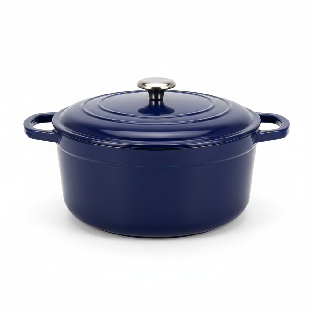 Enameled cast iron dutch oven in deep navy blue with lid