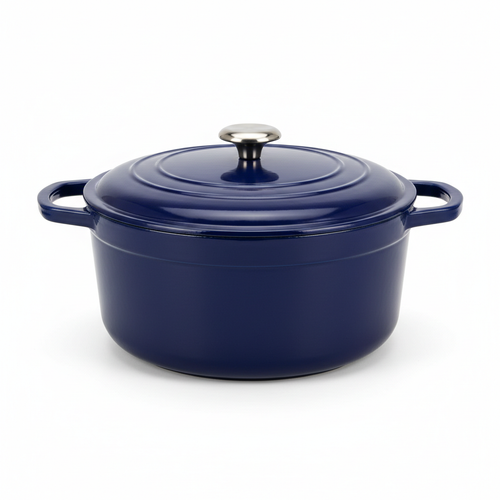Enameled cast iron dutch oven in deep navy blue with lid