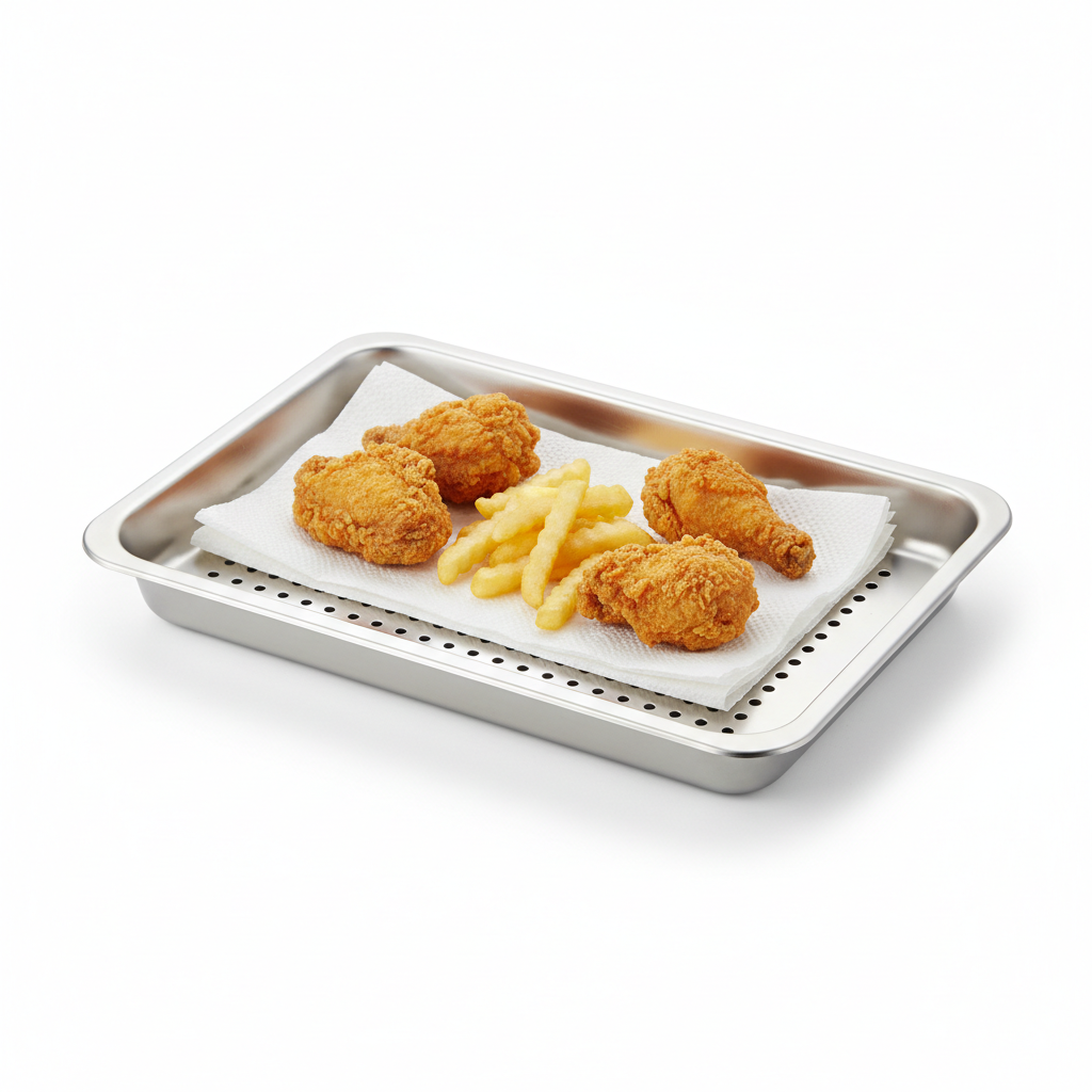 Stainless steel oil draining tray with absorbent paper sheets