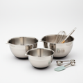 Set of three stainless steel mixing bowls with pour spouts