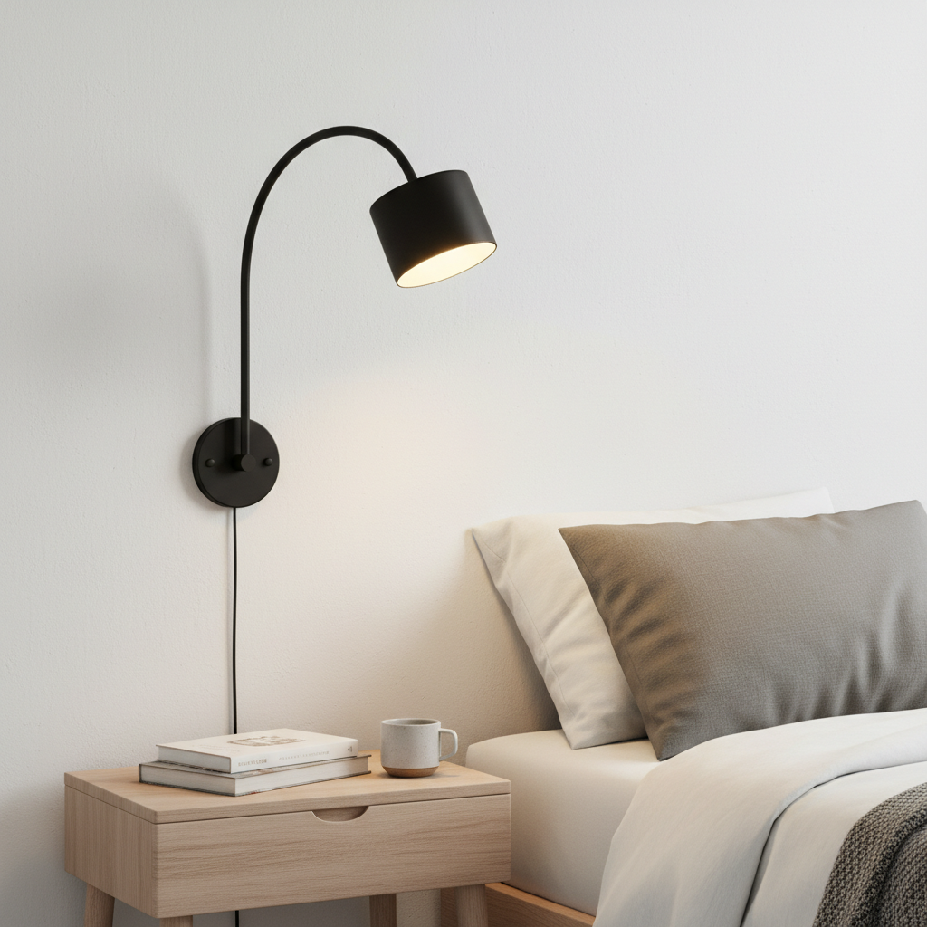 Matte black adjustable arc bedside reading lamp