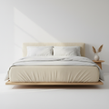 Linen upholstered platform bed frame in warm white