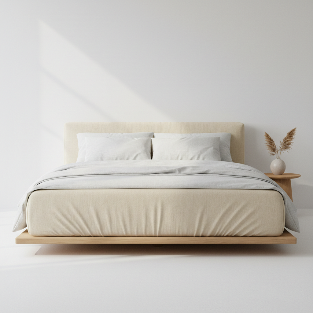 Linen upholstered platform bed frame in warm white