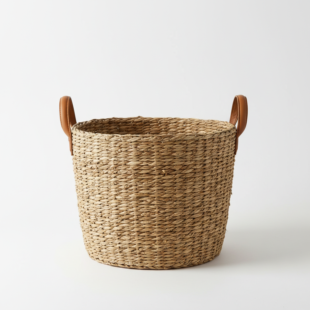 Woven Seagrass Storage Basket with Leather Handles